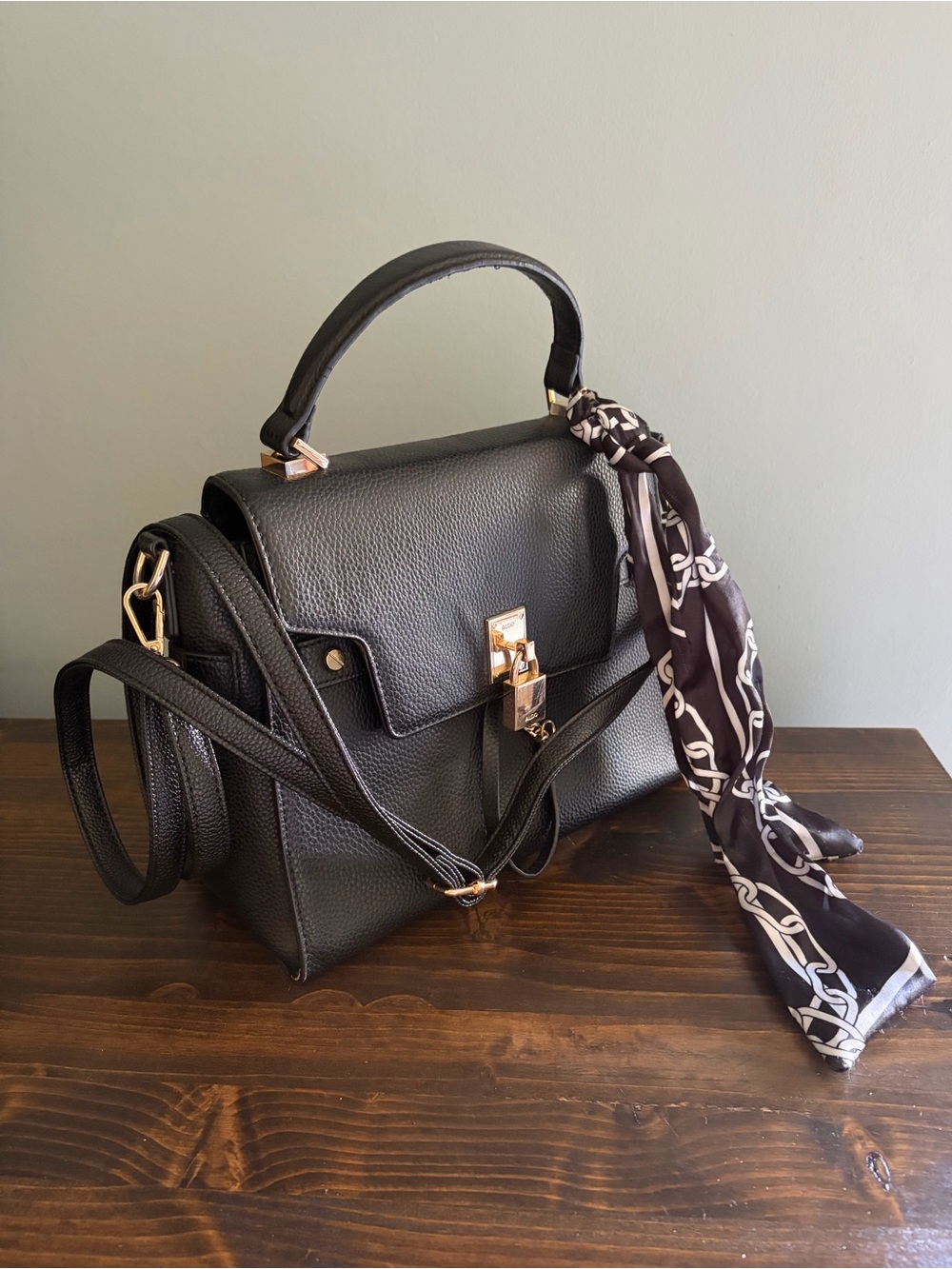 Aldo Black Faux Leather Top-Handle Satchel with Scarf Accent & Gold Hardware